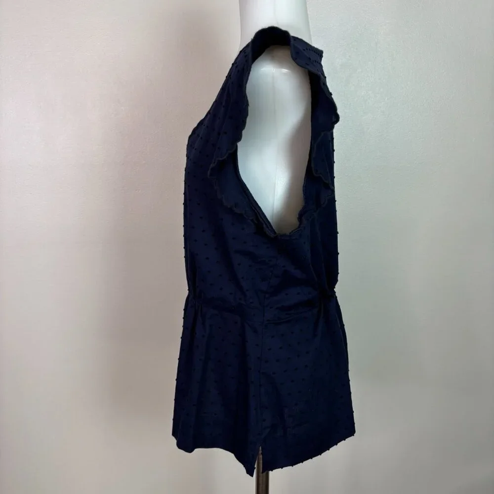 J. Crew Top 12 Navy Blue Swiss Dot Peplum Flutter Sleeve Scalloped V-Neck Blouse - Picture 4 of 11